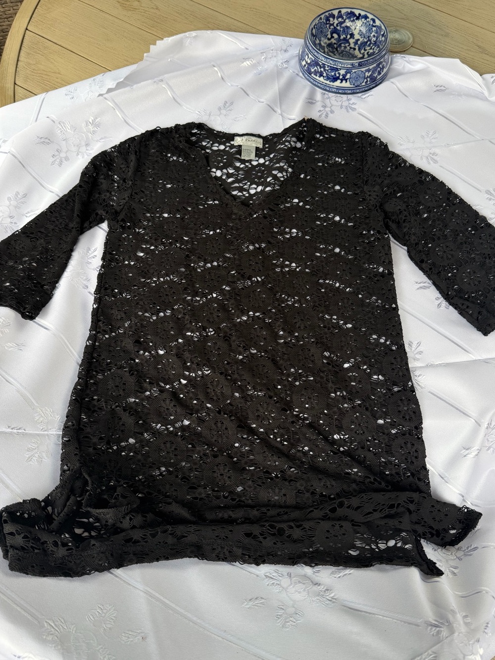J Valdi Black Crochet Lace Tunic Swim Cover-Up Size Small